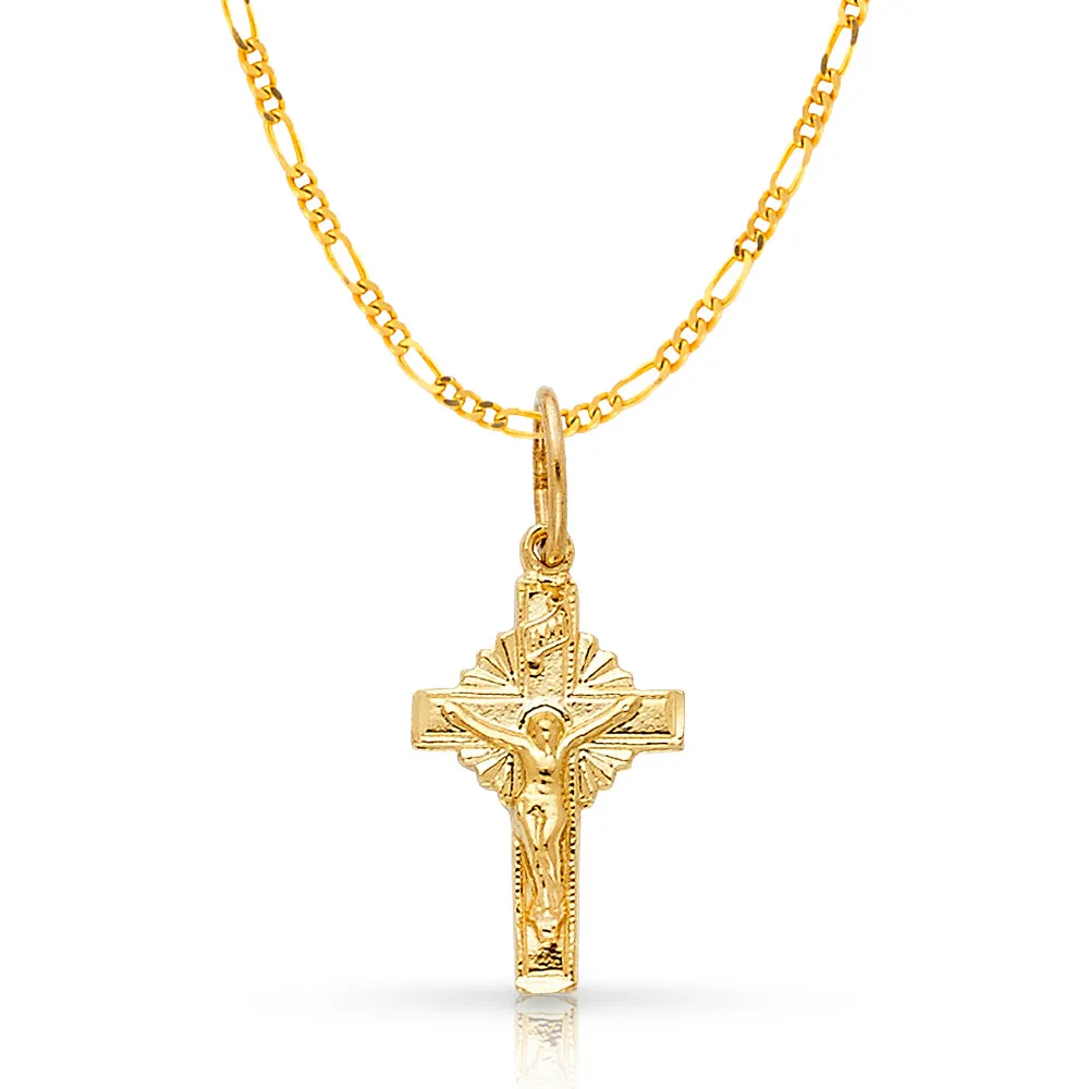 14K Gold Crucifix Charm Pendant with 2mm Figaro 3 1 Chain Necklace