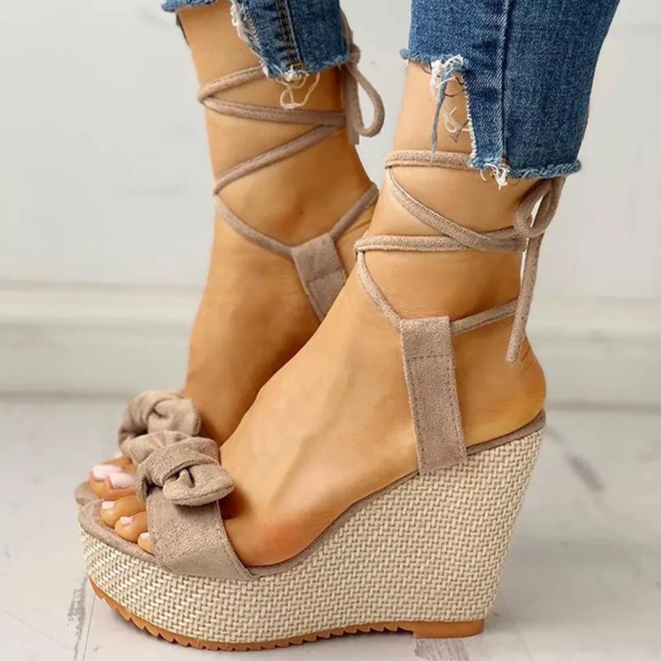 BerriesJam - 2024 Summer High Heels Flock Butterfly Ankle Strap Platform Wedges