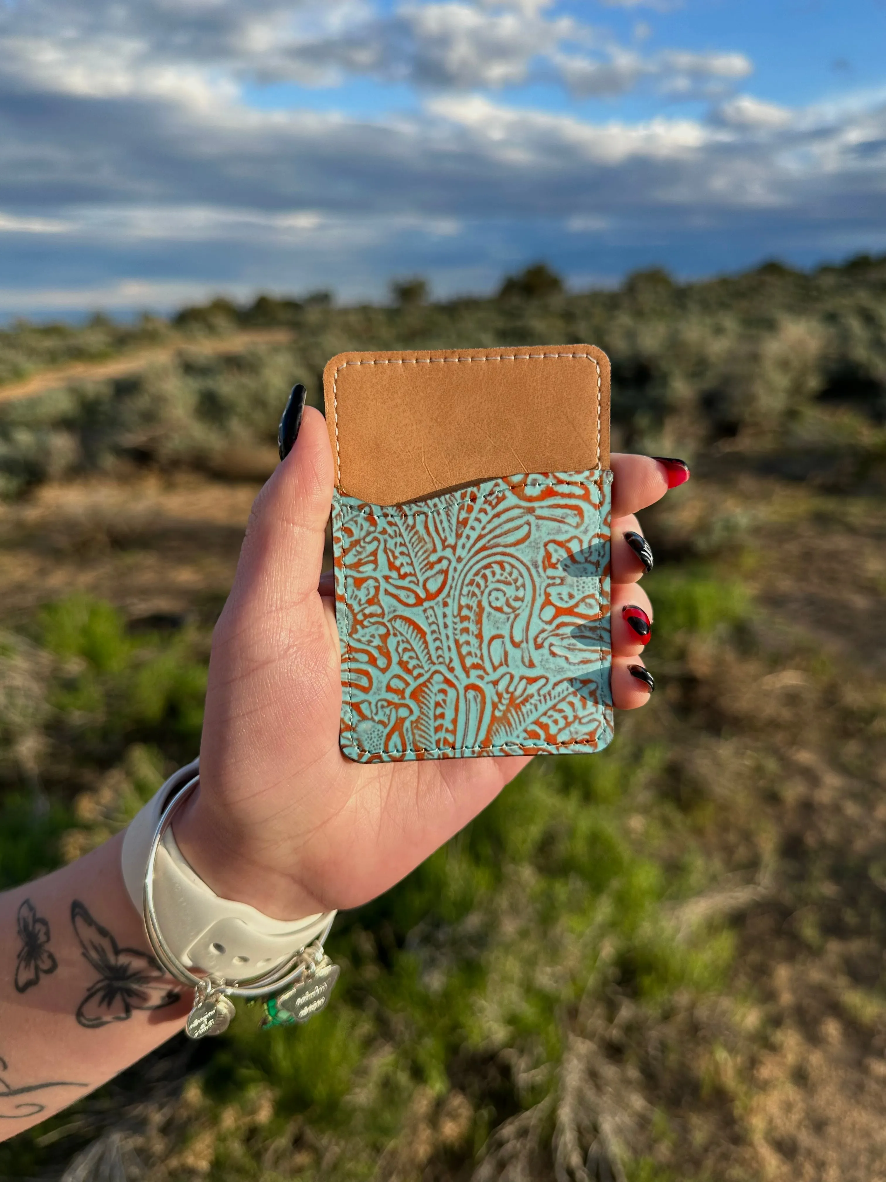 Blue tooled leather print card holder (not real leather)