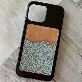 Blue tooled leather print card holder (not real leather)