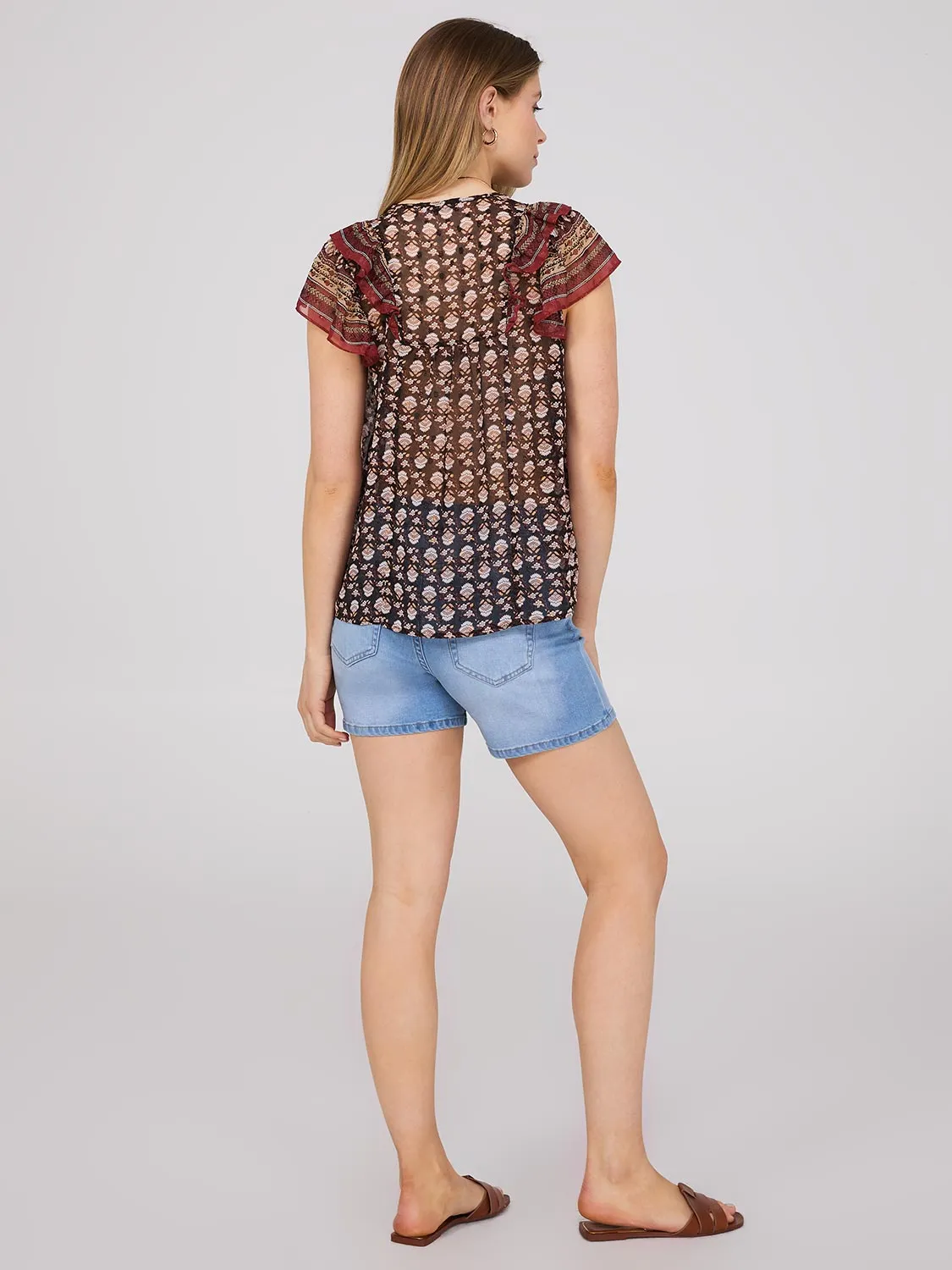 Border Print Textured Chiffon Top