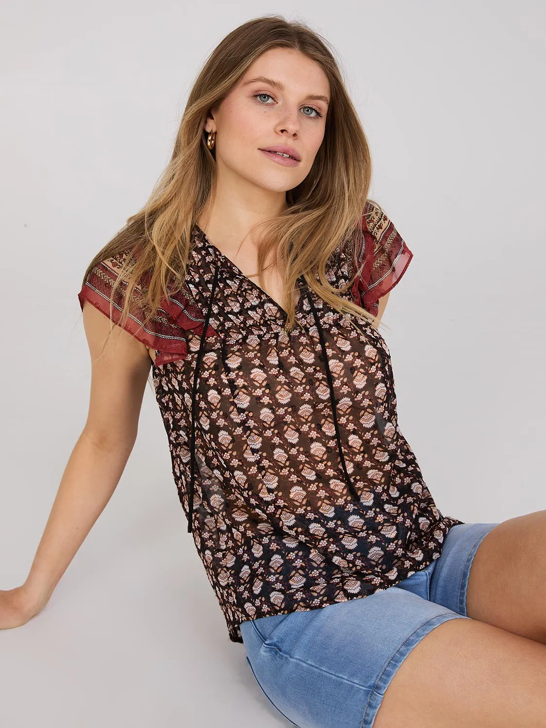 Border Print Textured Chiffon Top