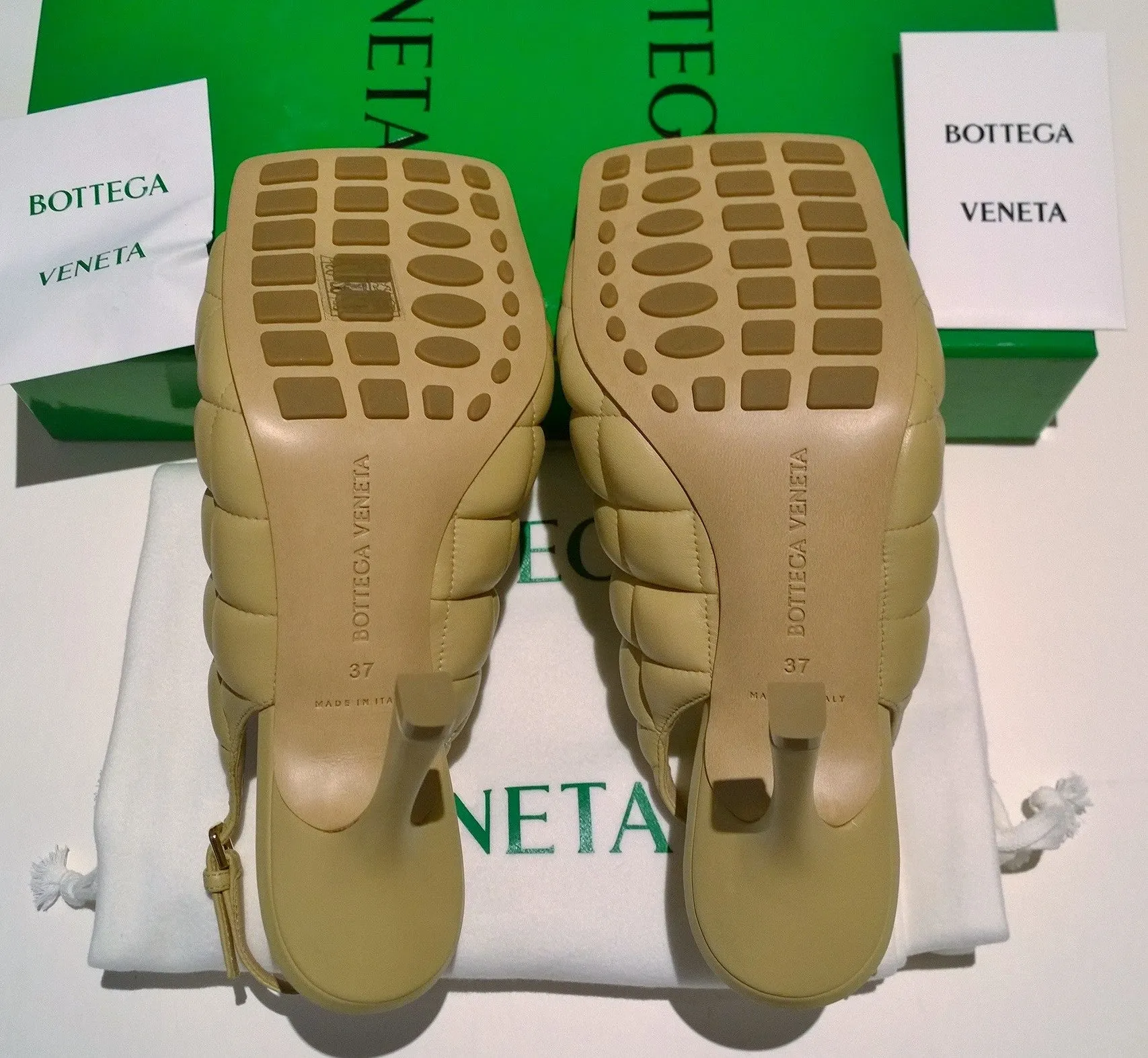 Bottega Veneta Quilted Padded Slingback Heels in Beige Leather Sandals Shoes