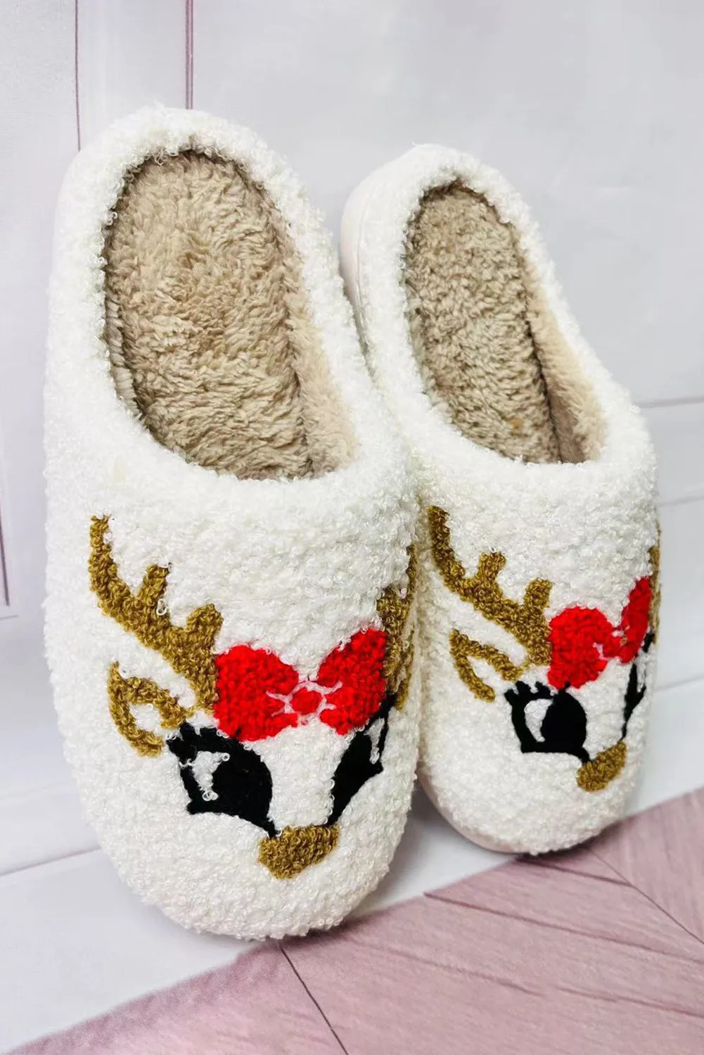 Christmas Reindeer Slippers for Womens Santa Claus Plush Slippers