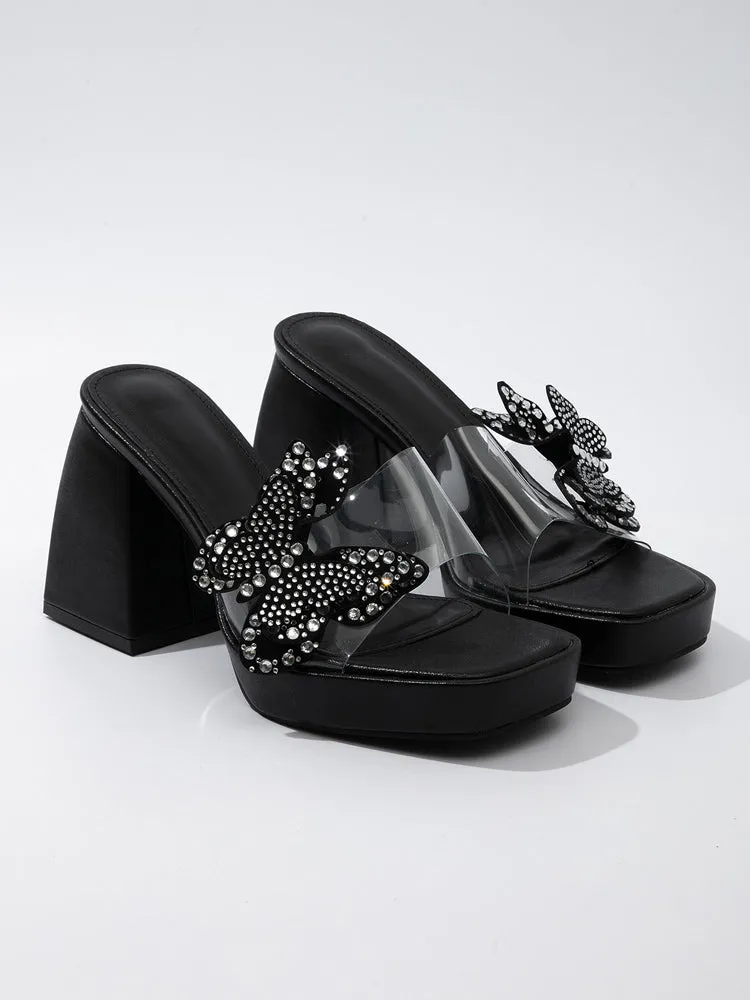 Clear Rhinestone Butterfly Chunky Heels