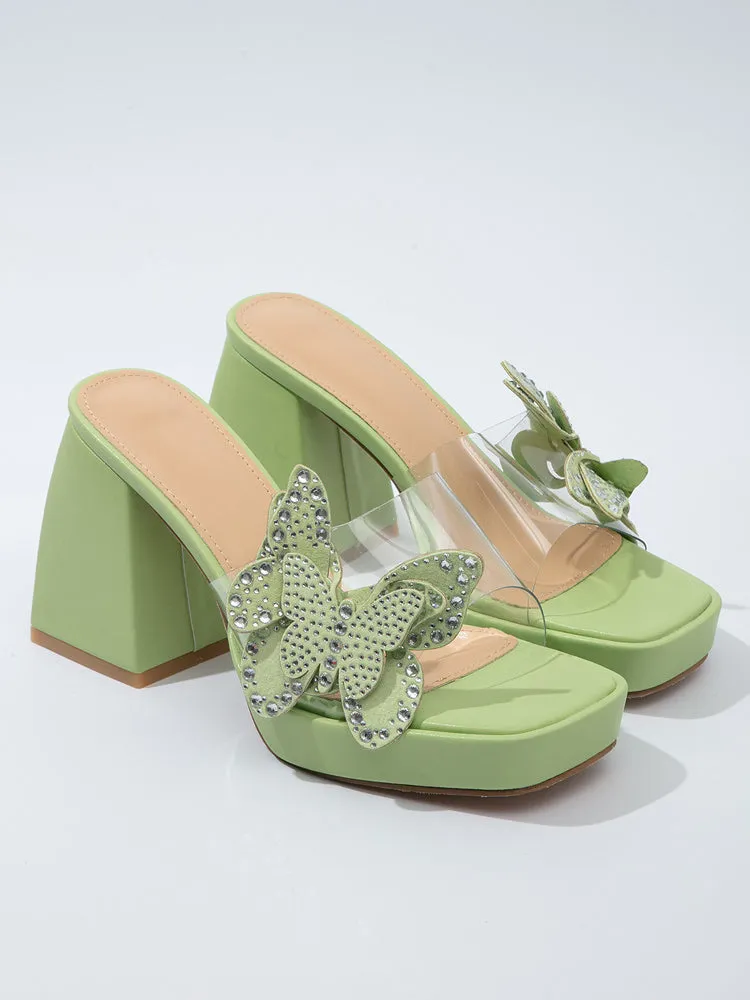 Clear Rhinestone Butterfly Chunky Heels