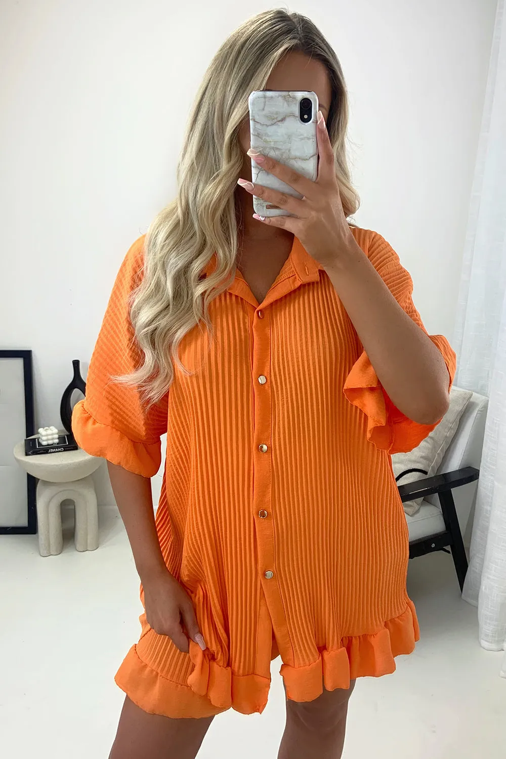 Colette Orange Plisse Pleated Frill Hem Shirt and Shorts Co-Ord Set