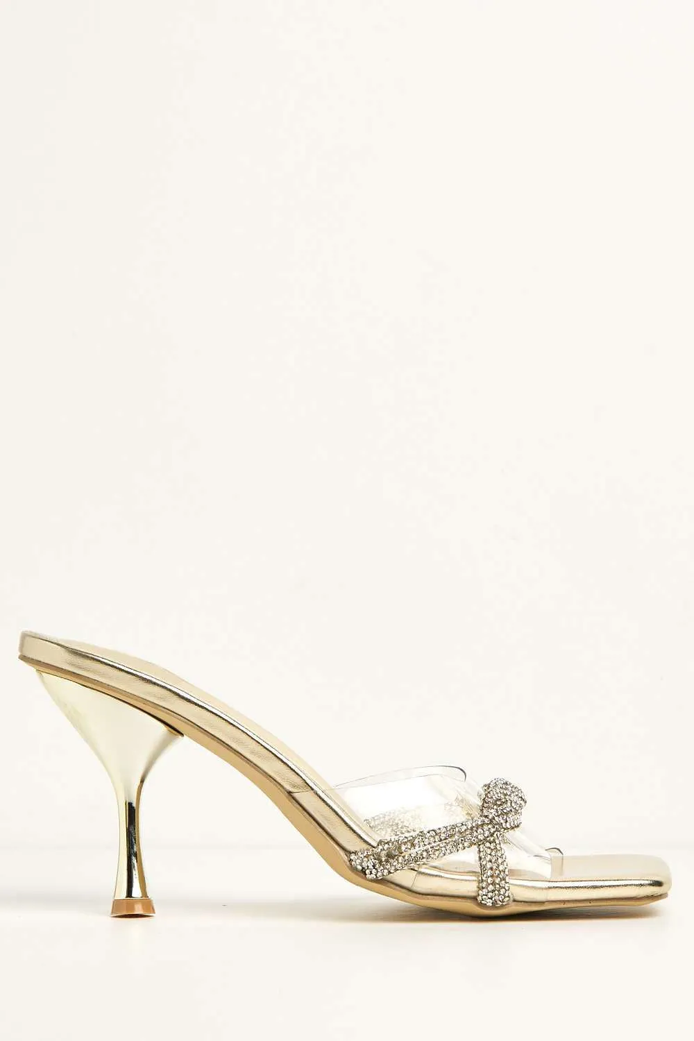 Galee Diamante Plaited Detail Perspex Heeled Mules in Gold