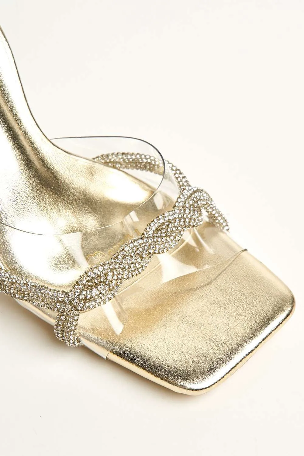 Galee Diamante Plaited Detail Perspex Heeled Mules in Gold