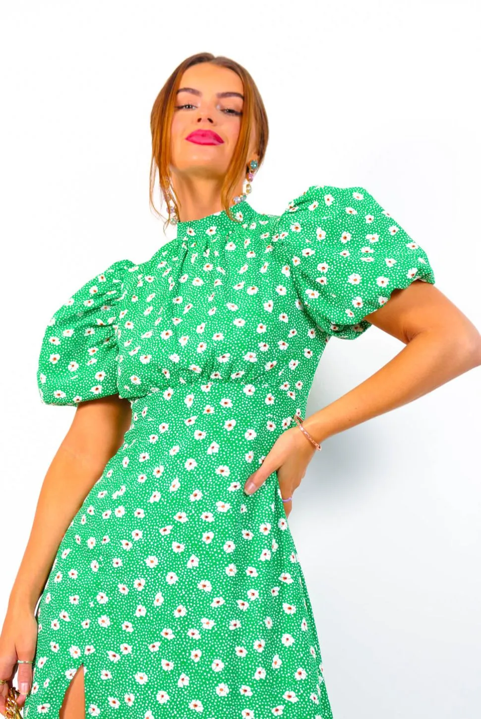 Got The Flower - Green Ditsy Print Midi Dress