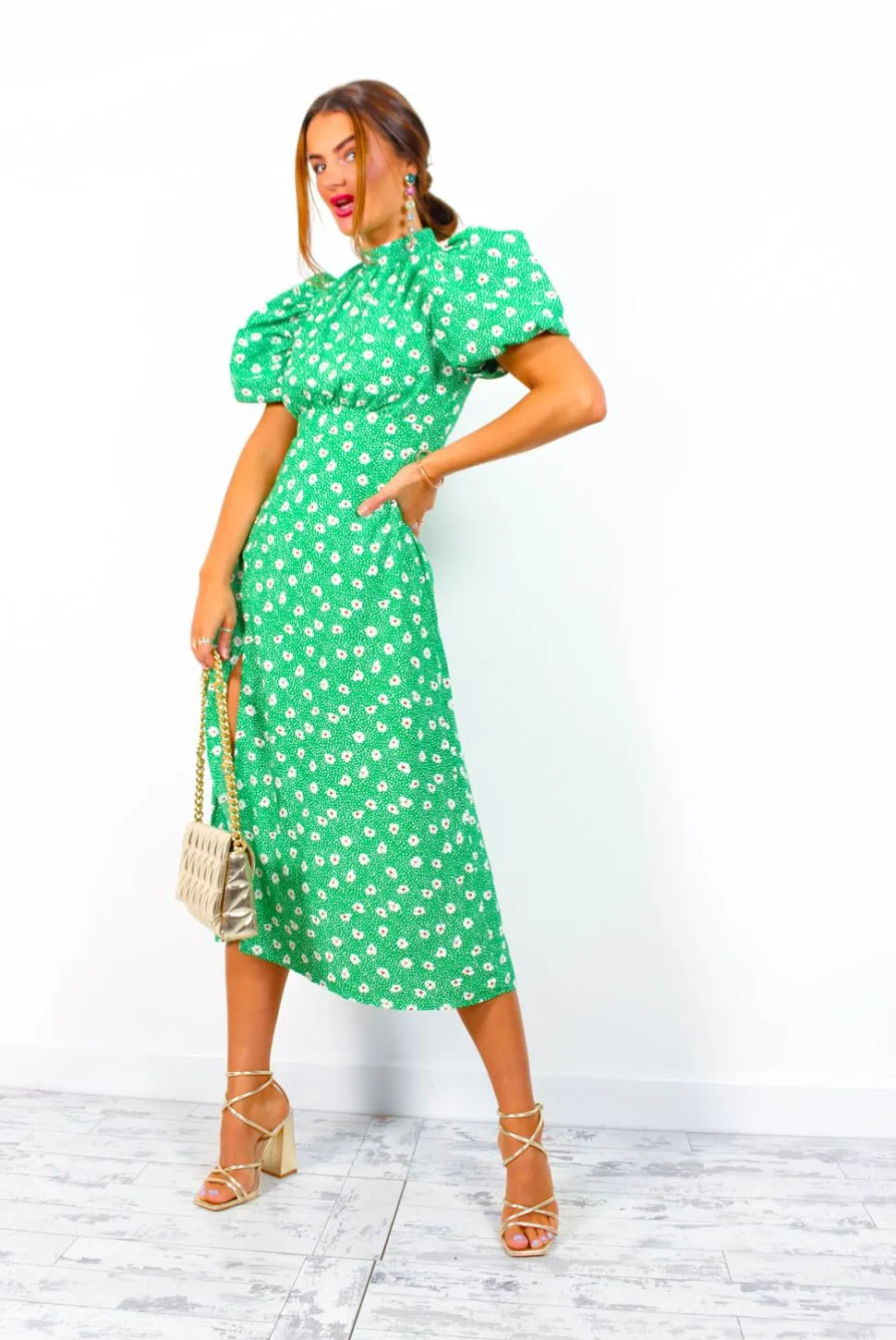 Got The Flower - Green Ditsy Print Midi Dress