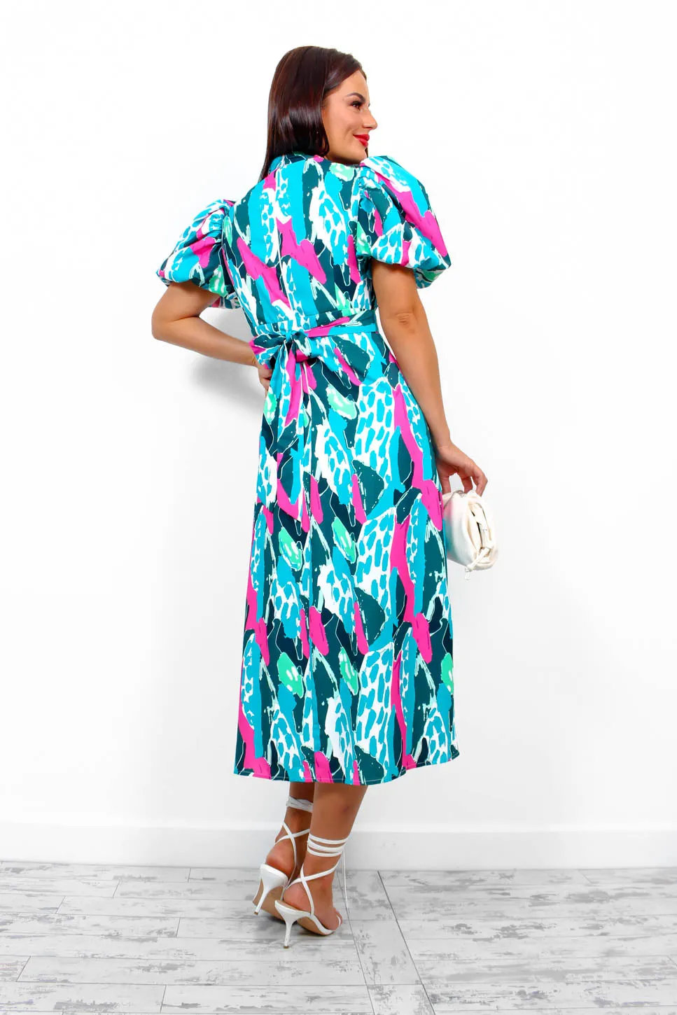 Got The Flower - Turquoise Fuchsia Abstract Midi Dress