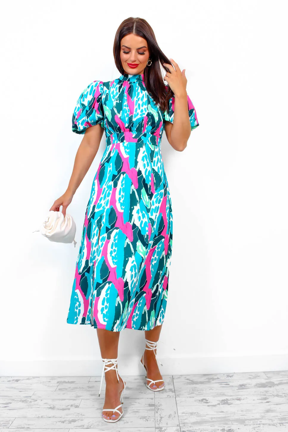 Got The Flower - Turquoise Fuchsia Abstract Midi Dress