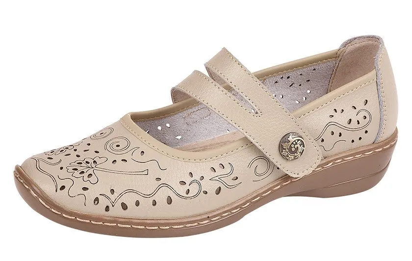 Ladies Boulevard Shoes Strap Over Beige Leather L394BE