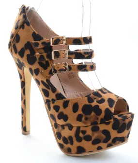 Leopard Triple Strap Stiletto Hidden Platform Pump