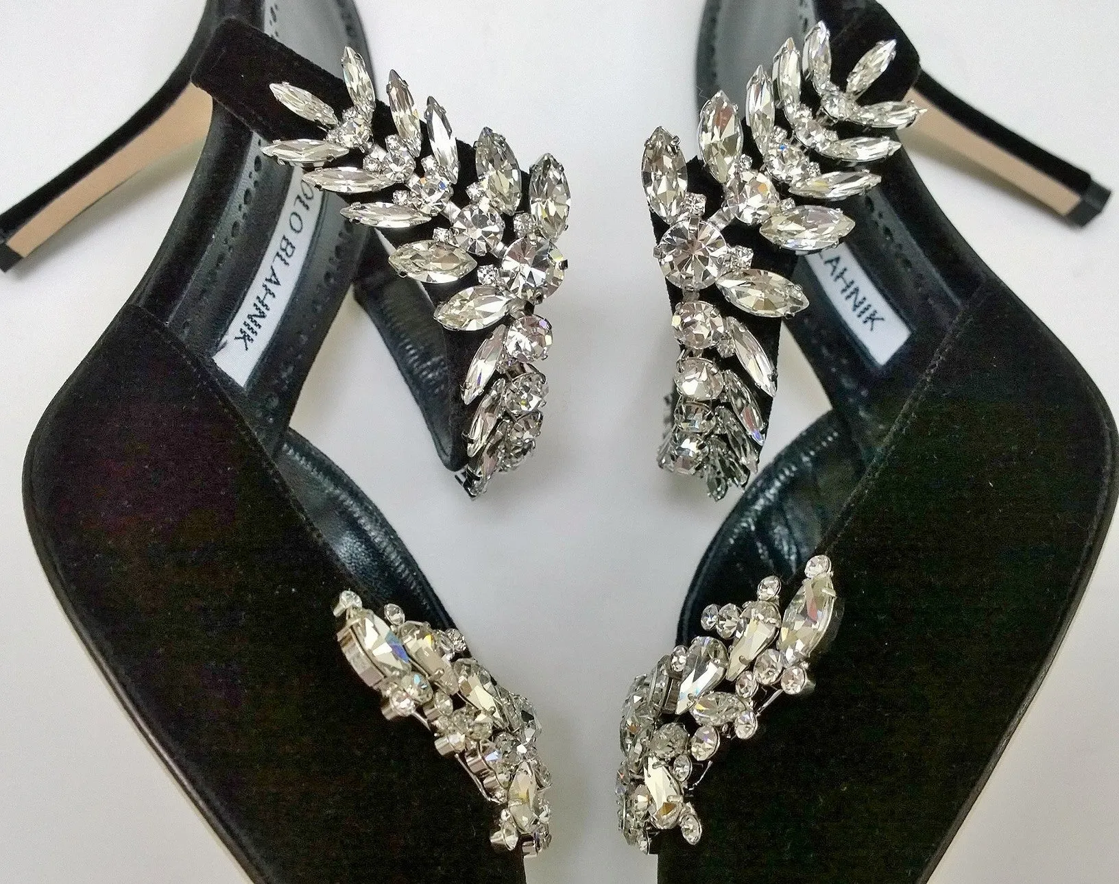 Manolo Blahnik Lurum 90 Black Velvet Rhinestone Mules Heels