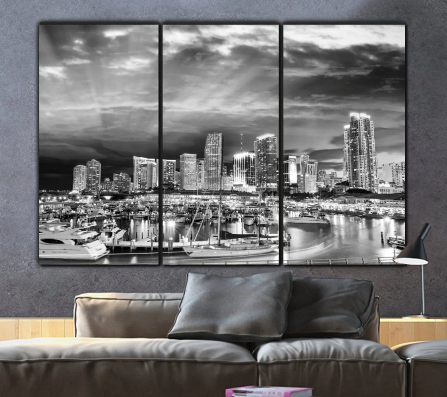 Miami Skyline Black & White Canvas Wall Art