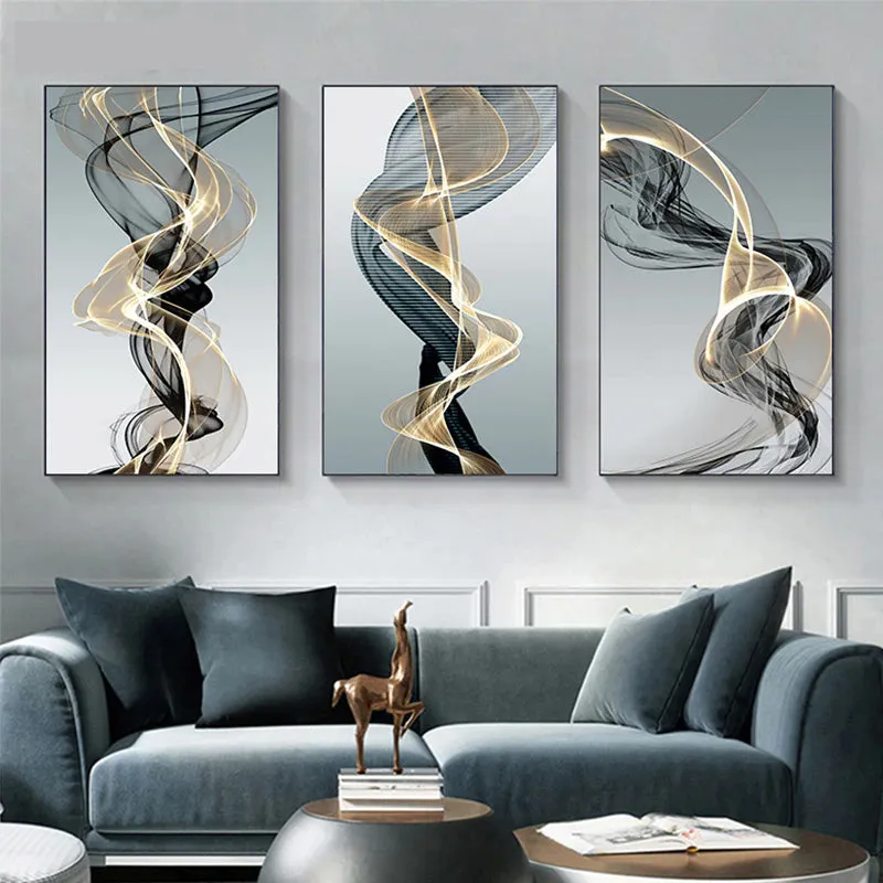 Modern Abstract Flowing Vibrations Wall Art Fine Art Canvas Prints Yellow Black Gray Silk Vape Pictures For Living Room Home Office Interiors