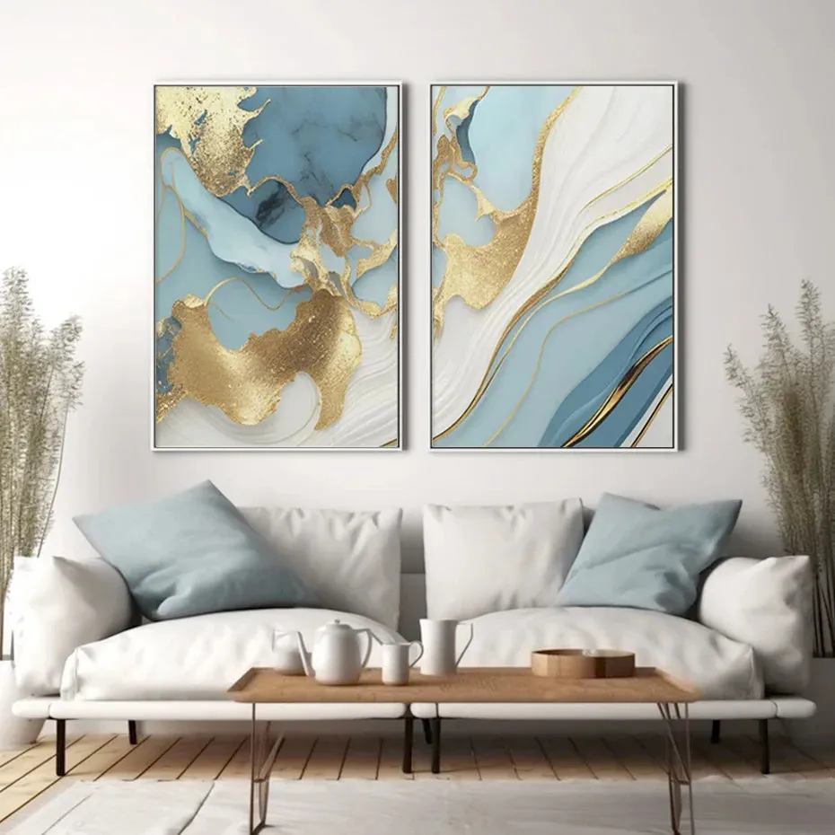 Modern Abstract Golden Blue Liquid Marble Print Wall Art Fine Art Canvas Prints Pictures For Living Room Bedroom Nordic Home Decor