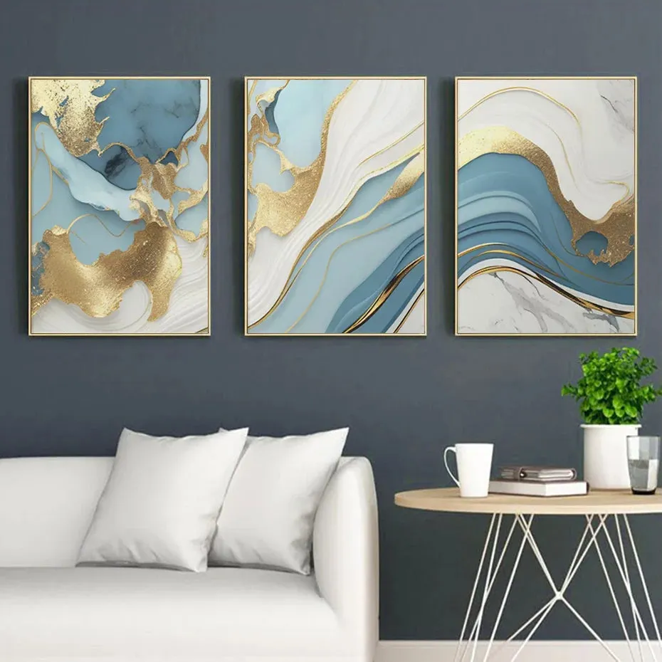 Modern Abstract Golden Blue Liquid Marble Print Wall Art Fine Art Canvas Prints Pictures For Living Room Bedroom Nordic Home Decor