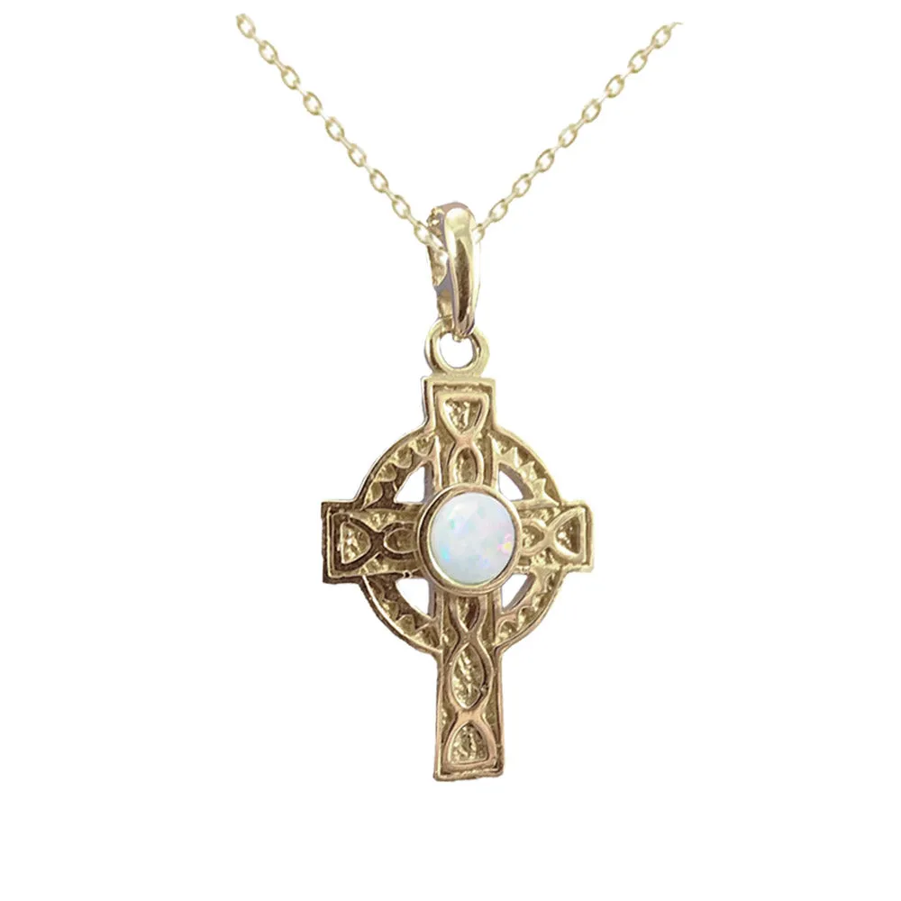 NEW: Small Gold Celtic Cross Pendant Necklace With Real Opal, 9ct Gold