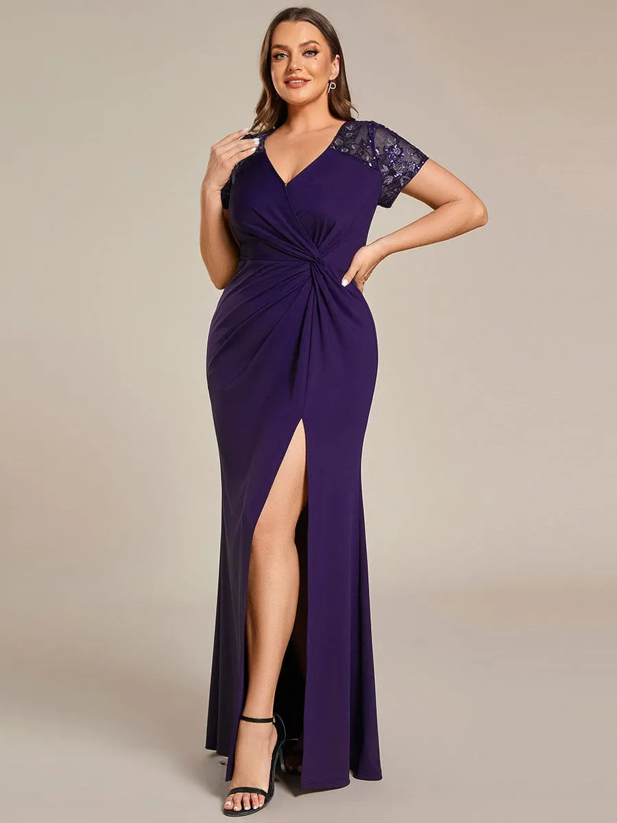 Plus Size Front Slit Short Sleeve With Sequin Formal Evening Dresses