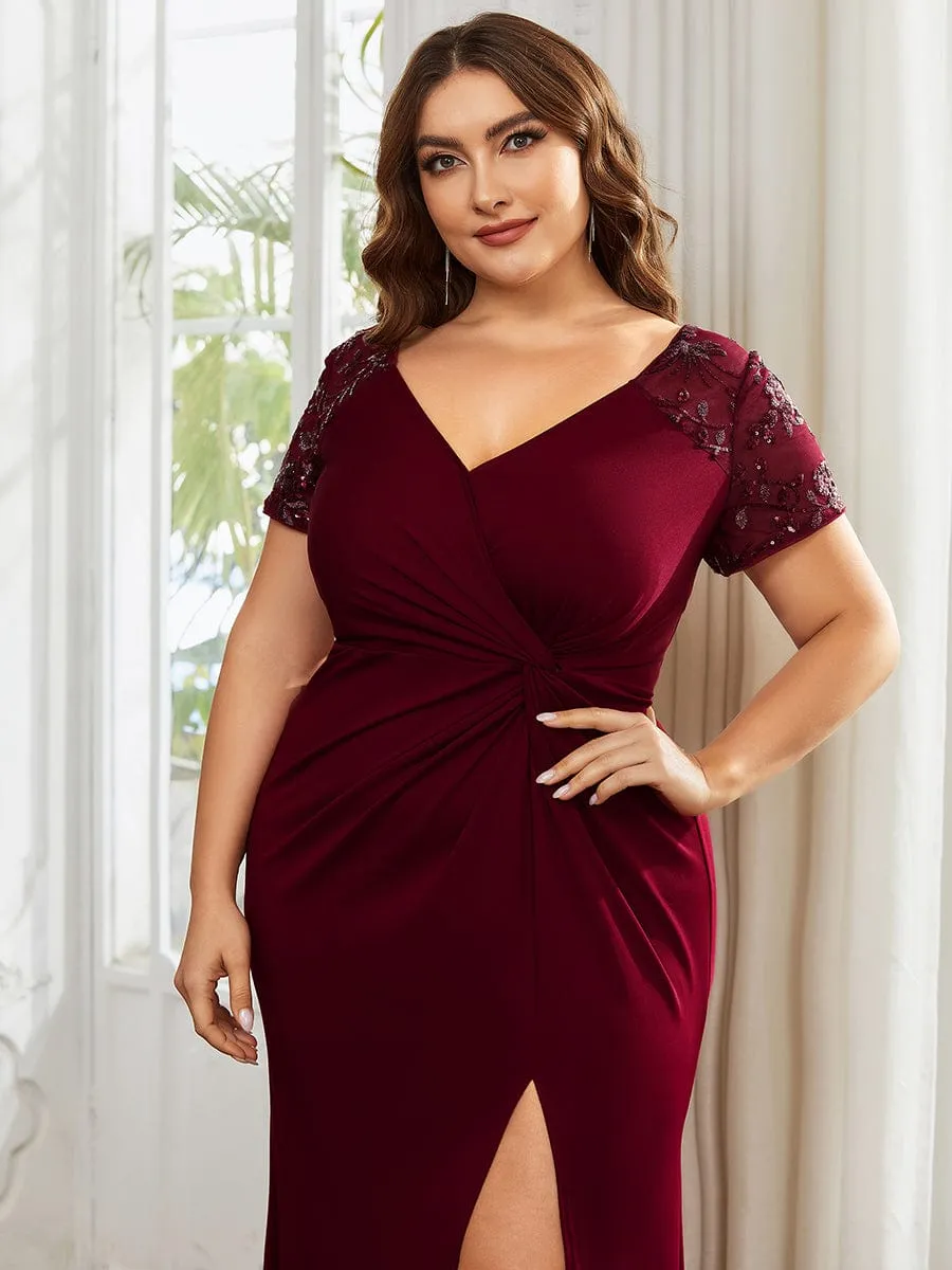 Plus Size Front Slit Short Sleeve With Sequin Formal Evening Dresses