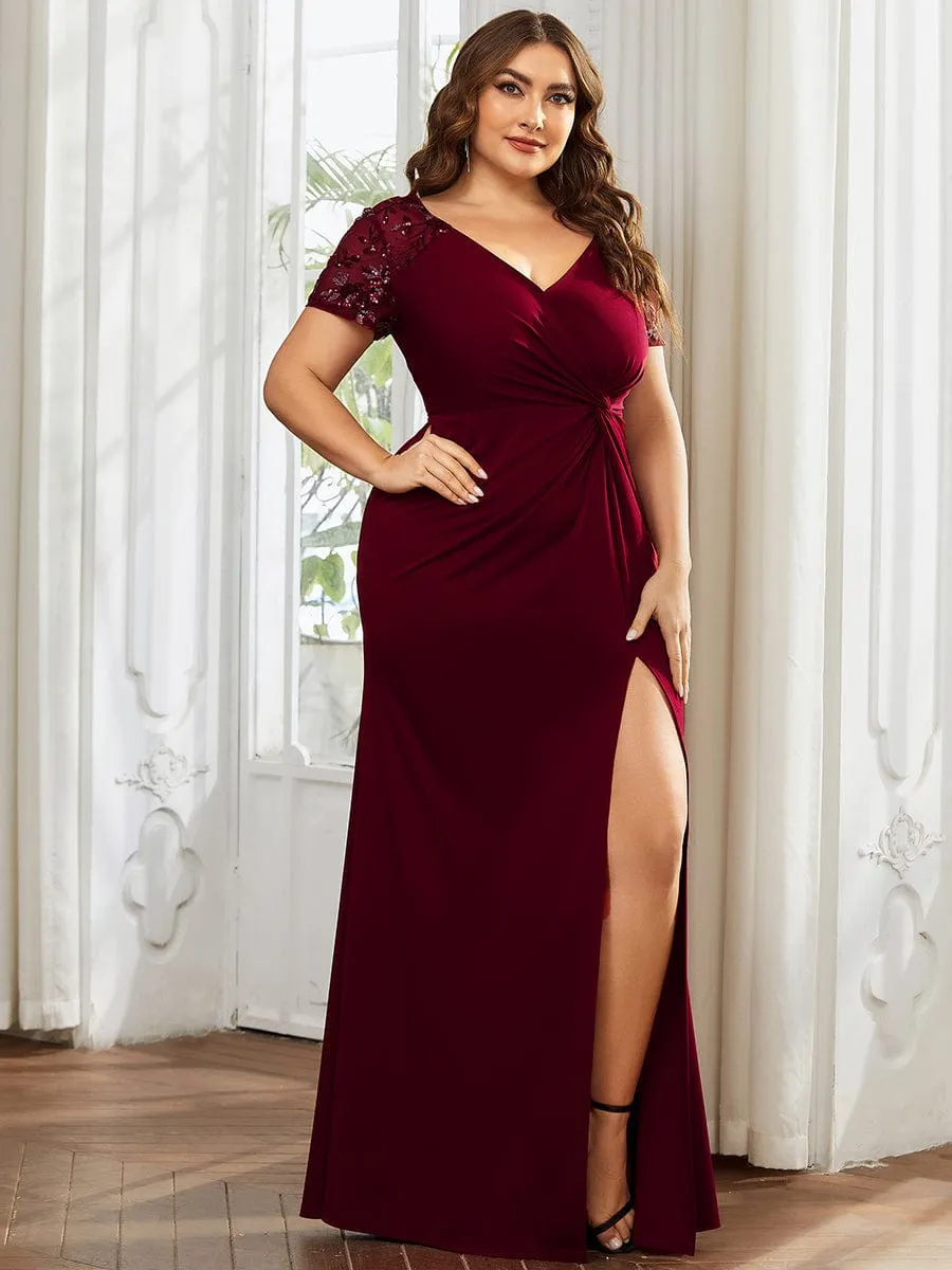 Plus Size Front Slit Short Sleeve With Sequin Formal Evening Dresses