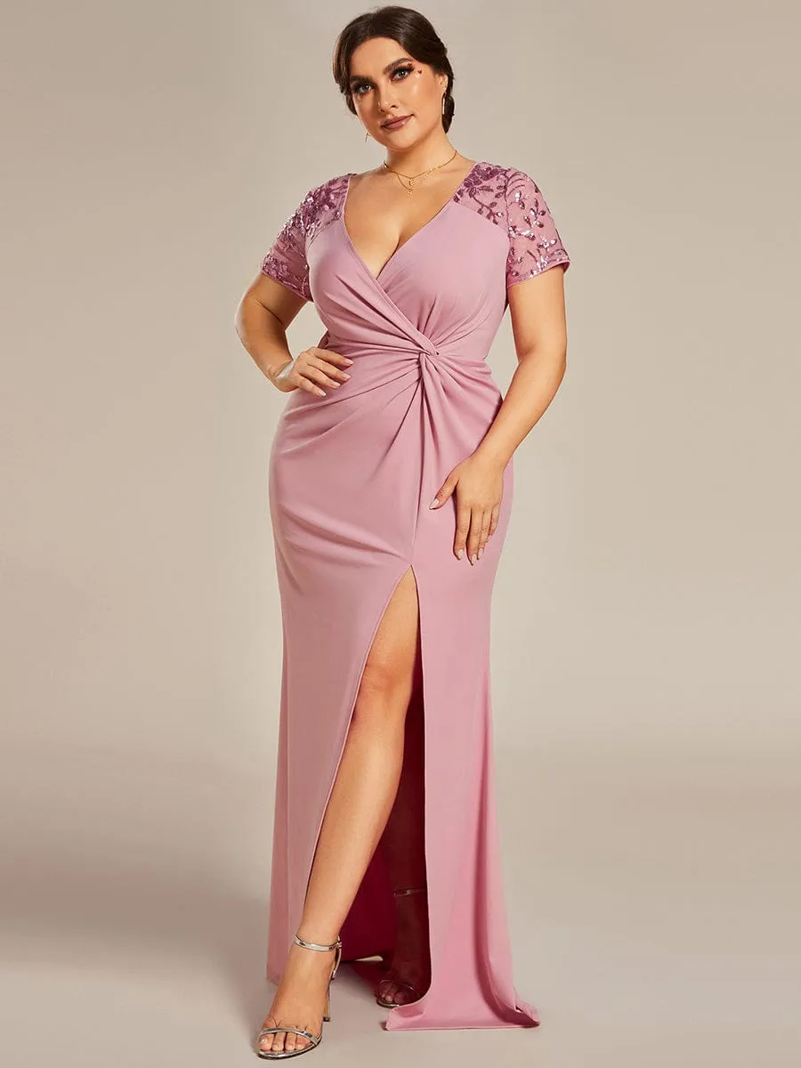 Plus Size Front Slit Short Sleeve With Sequin Formal Evening Dresses